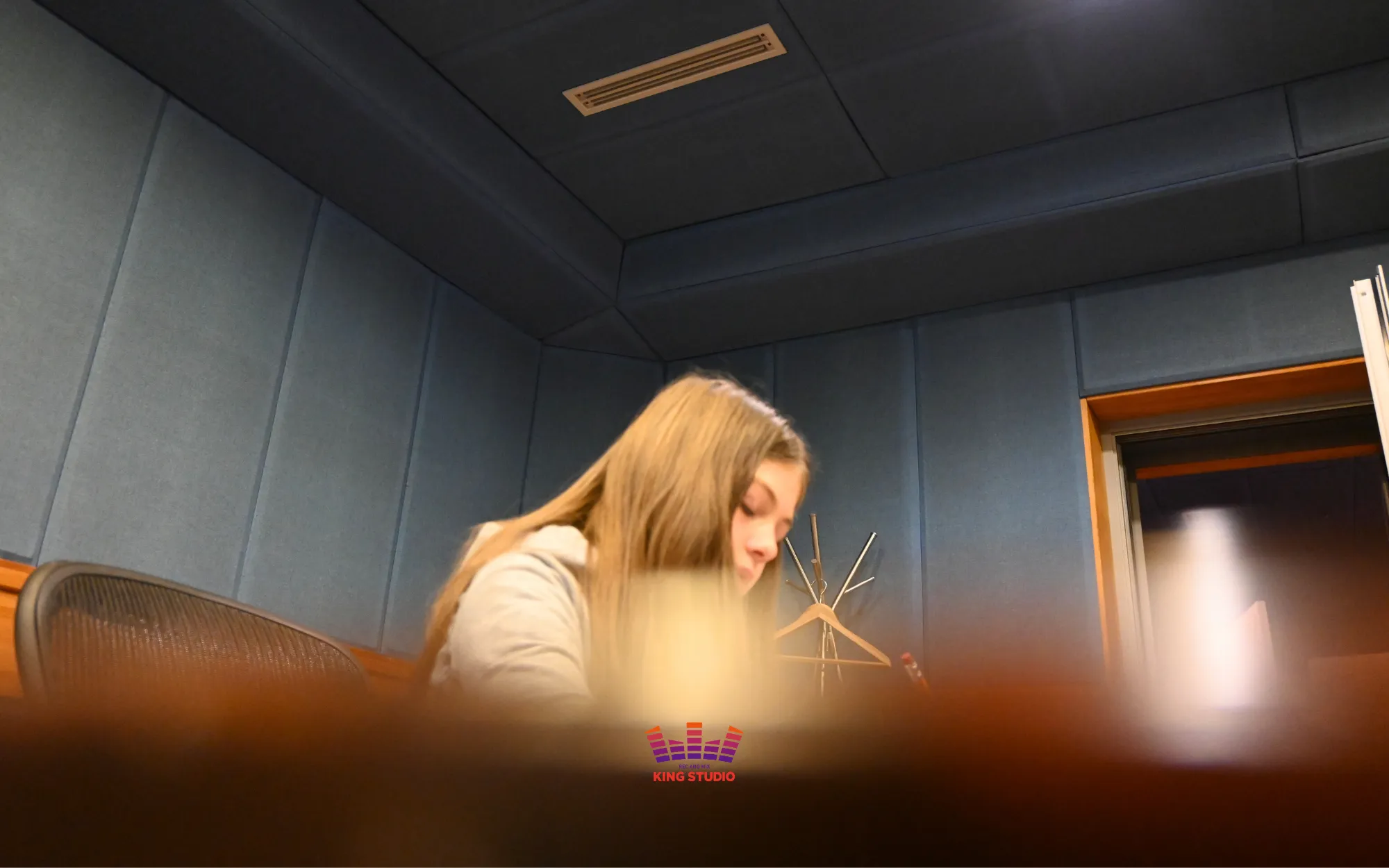Alina meeting vocal director Seung Won, manager Jen, and producer Aiden in the King Studio control room before her session