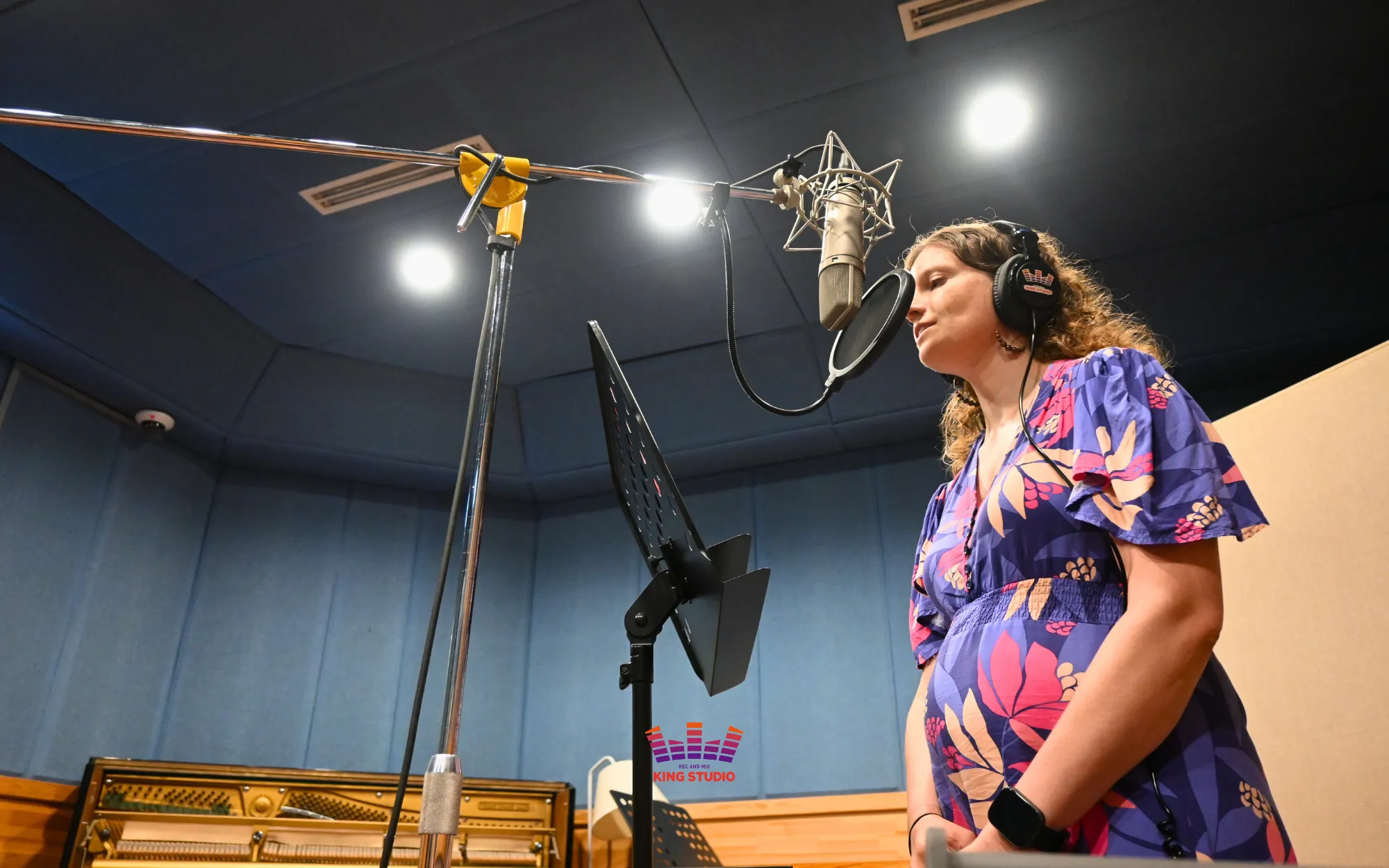 Recording Korean lines part by part in the booth